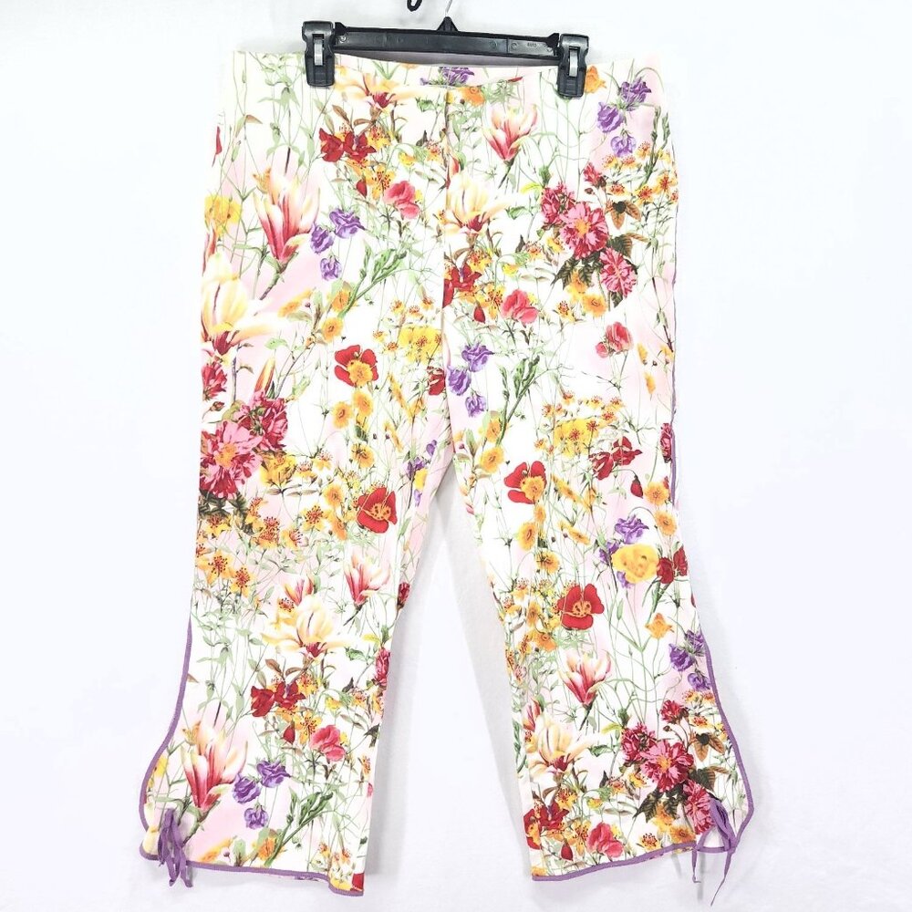 Alberto Makali Capri Pants Size 14 Floral Wide Leg Ankle Button